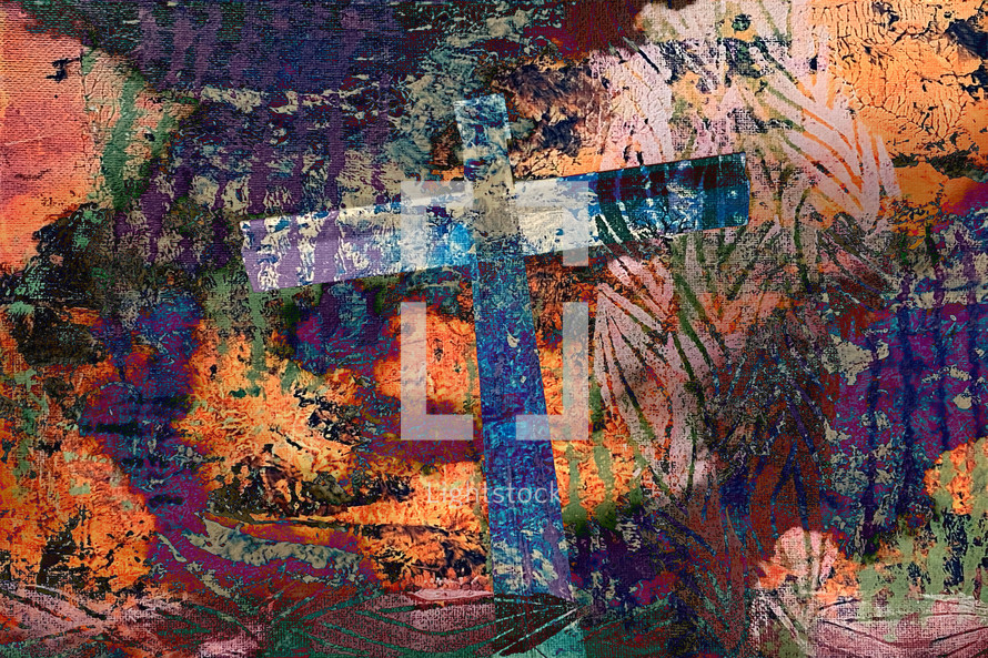 dramatic multicolored modern art cross and background with painted monoprint textures