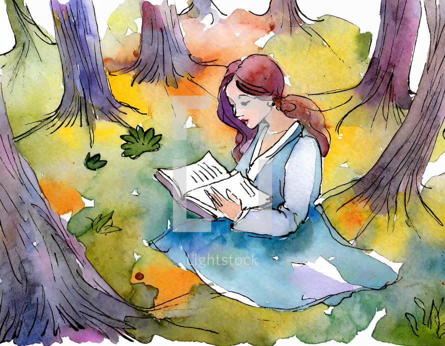 Woman in a dress sitting in a colorful woodsy watercolor painting