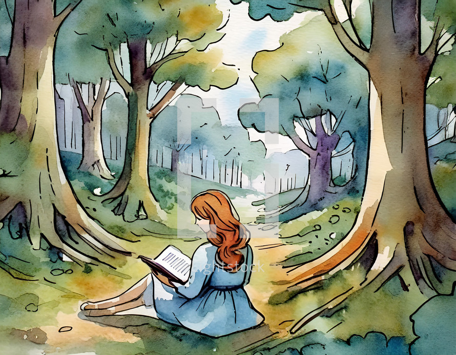 Watercolor painting of a woman in the forest reading a book