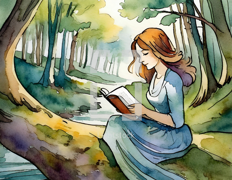 Red haired woman on a watercolor forest painting reading a book
