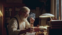 Bearded senior writer with white hair and glasses smoking cigarette, taking and typing on vintage typewriter at desk in cozy warmly lit study. Zoom-in shot
