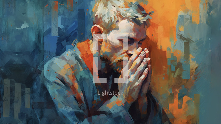 An artistic painting of a young man praying orange and blue accents 