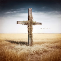 An old cross at noon surrounded by a wild field. Bible illustration
