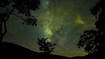 Timelapse of evening stars and cloud movements at night beyond the silhouette of trees and hills.