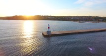 Lake Michigan Aerial Sunrise Pier Pull Back
