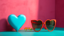 Sunglasses and heart in a colorful interior 
