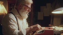 Senior writer with white hair and beard sitting at desk with papers and ashtray on it, smoking a cigarette, taking notes and working on typewriter in warmly lit study
