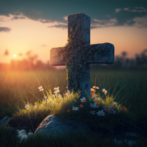 Stone cross on a grave with flowers at dusk. Christian illustration