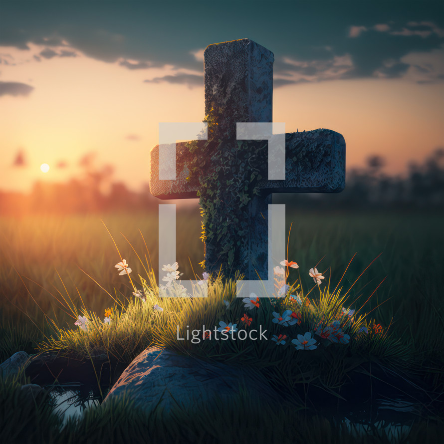 Stone cross on a grave with flowers at dusk. Christian illustration