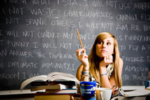 woman cramming for a test in front of a chalkboard for of regrets