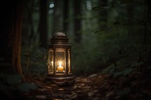 Candle in a Lantern on Forest Pathway