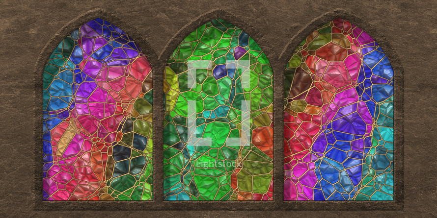 wall of multicolored stained glass and three arches with shadows