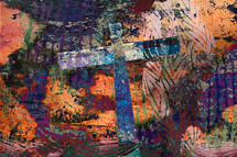 dramatic multicolored modern art cross and background with painted monoprint textures