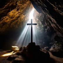 A backlit cross inside a dark cave with light shining down on rocks and boulders.