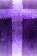 rough cross in white and purple, with the appearance of rolled paint on woven fabric