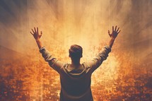 a man raising hand in worship with abstract background