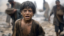 Desperate little boy coming out of the ruins after disaster. Social issues
