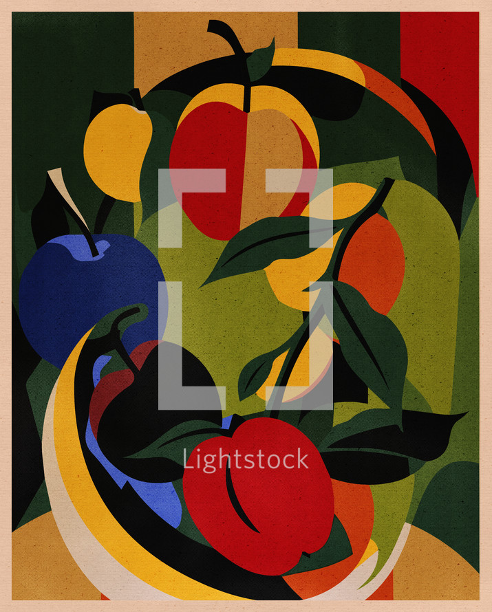 Geometric pop art with colorful fruits, healthy life, organic food.