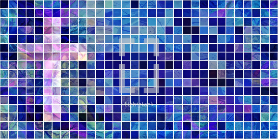 light pink and purple cross on blue mosaic grid with marbling