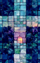 mosaic or stained glass painting design with sunrise effect and curved archway - combination of my cross artwork, AI input and further editing