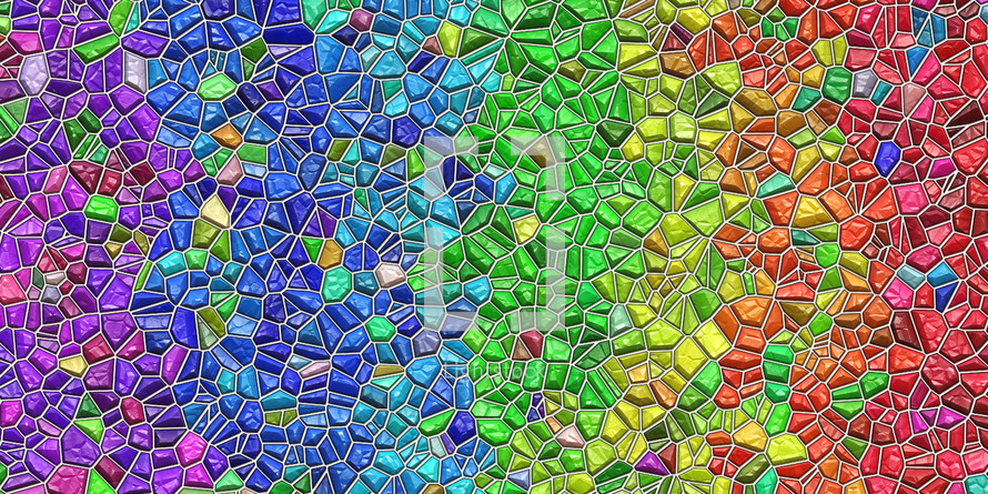 Mosaic stained glass tile effect from purple to blue to green, yellow, orange and red