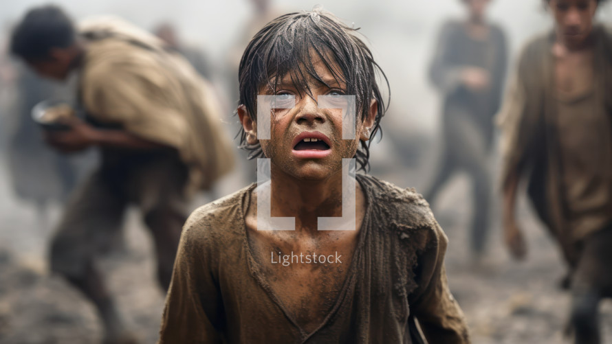 Expressive portrait of a little boy emerging from the ruins during a catastrophic event. Social issues