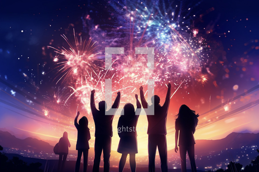 Cartoon illustration of people celebrating by watching fireworks