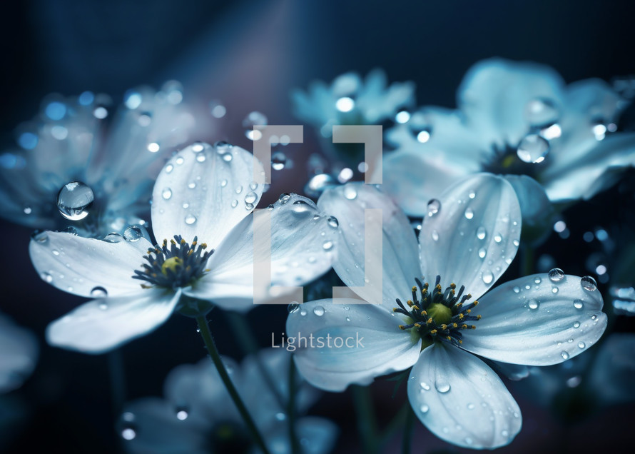 Beautiful white Lily flowers with blue backgrounds and droplets of water