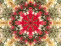 kaleidoscopic Christmas tree glow in red, green, gold and white