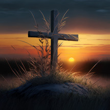 Silhouette of a wooden cross in a grass field at golden hour. Christian illustration