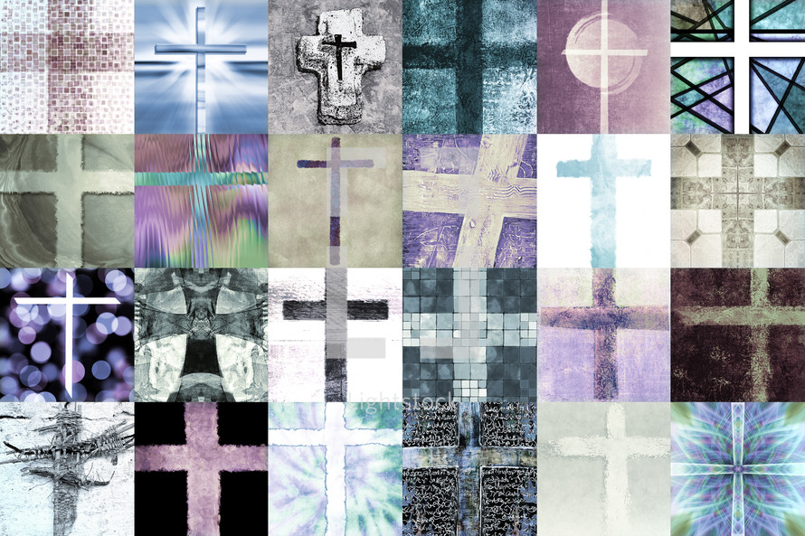 cross paintings grid in muted blues, purples and greens
