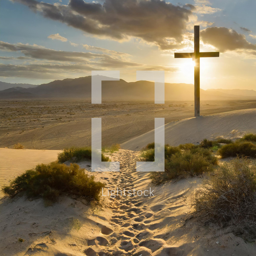 Cross in the middle of the desert during sunset with the sun shinning behind.