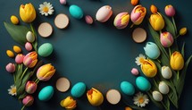 Colorful tulips and eggs lying on dark blue background with copy space for easter celebration.