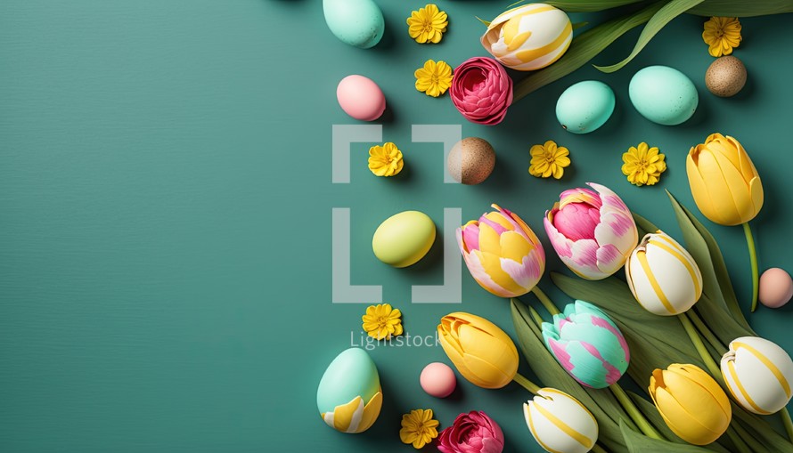 Colorful tulips and eggs lying on teal green background with copy space for easter greeting card.
