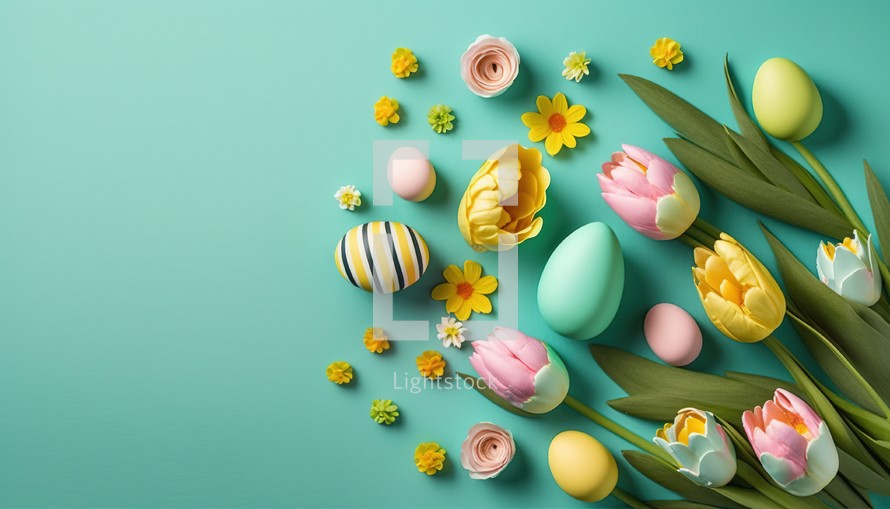 Colorful tulips and eggs lying on teal green background with copy space for easter celebration.