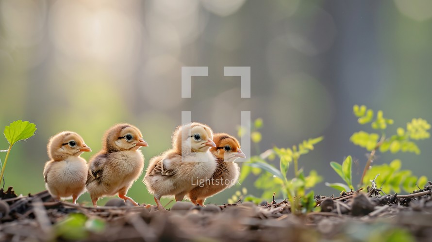 Small Chick Group In The Nature 