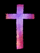 textural pink and purple cross on black