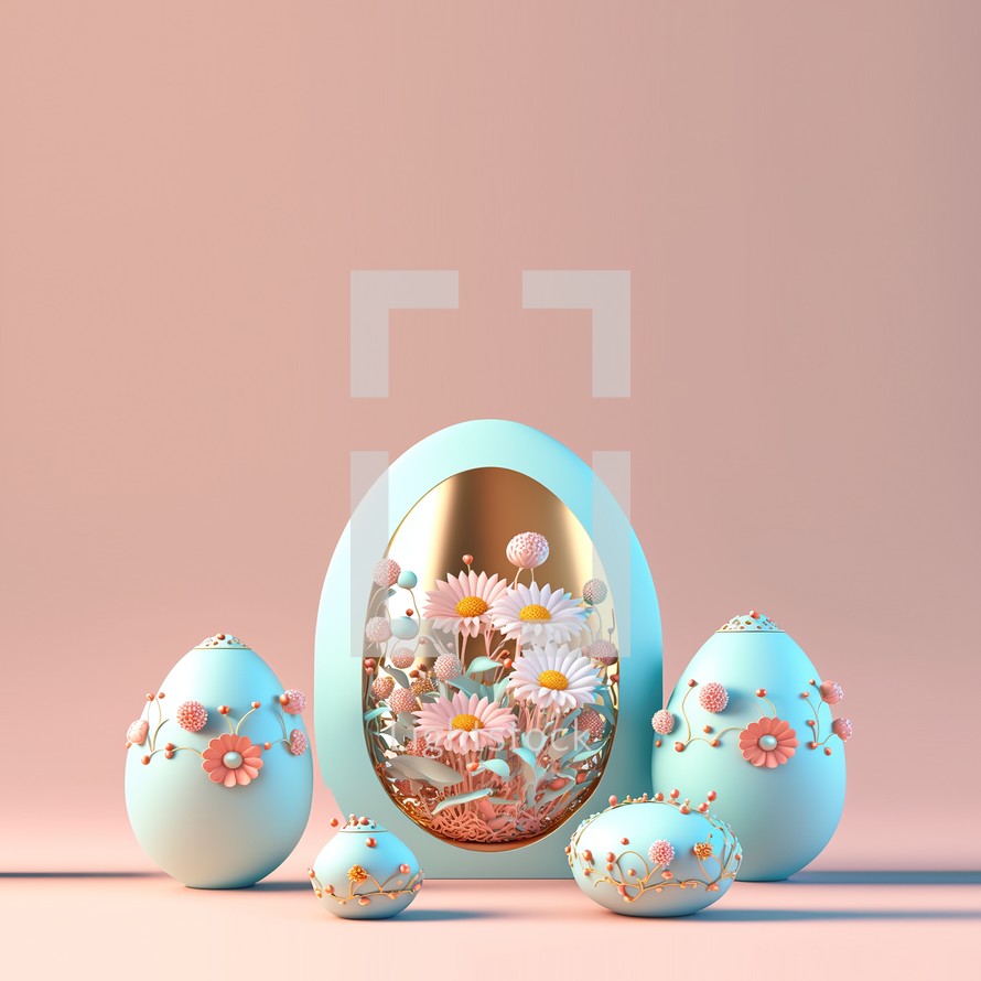 Easter Poster Background with 3D Easter Eggs and Flower