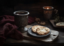 A cinematic photo of a silver cup with red wine and flat bread in a rustic setting