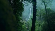  Misty rainforest with rain drops falling and massive waterfall in background