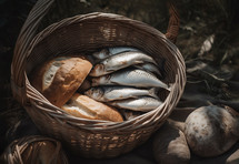 A photo of a basket of Loaves and fishes.