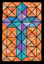 stained glass cross art with paint texture in blue and orange with dimensional black lines