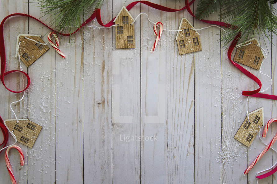 Christmas border on wood background with copy space 