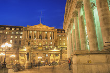 Bank of England and Royal Exchange at dusk in the city of London. London, England.- for editorial use only 