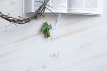 open BIble, crown of thorns and palm cross on a white wood background 