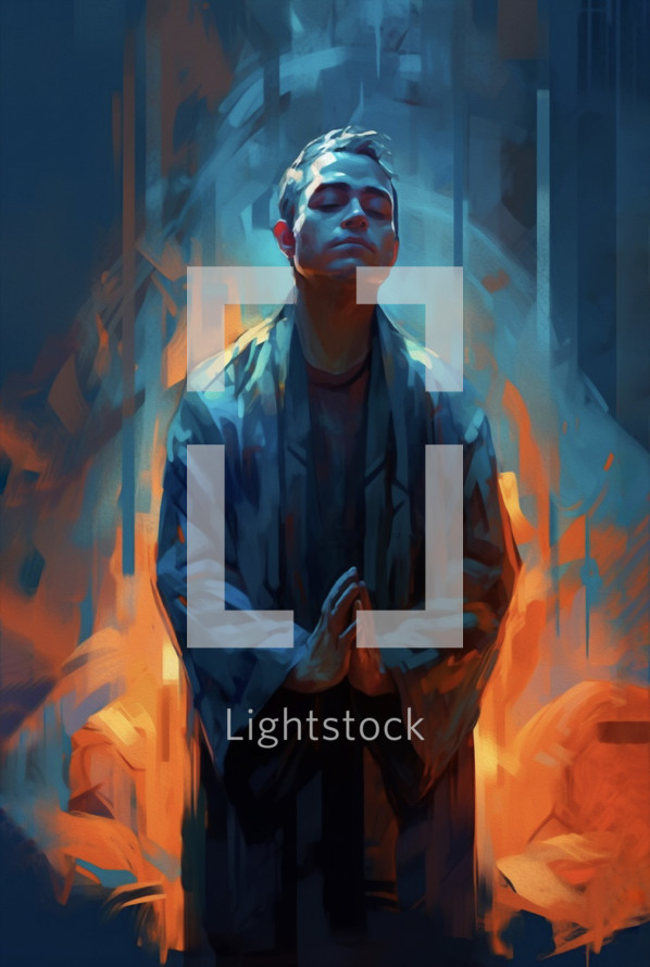 A painting of a young man praying with a warm glow emanating from behind