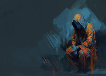 An artistic painting of a man praying orange and blue accents 