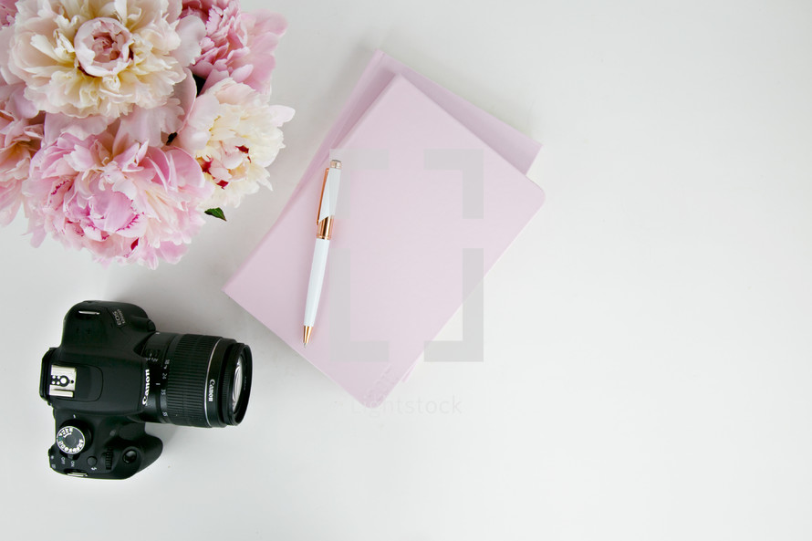camera, photography, white background, pink, notebooks, pen, vase, flowers 