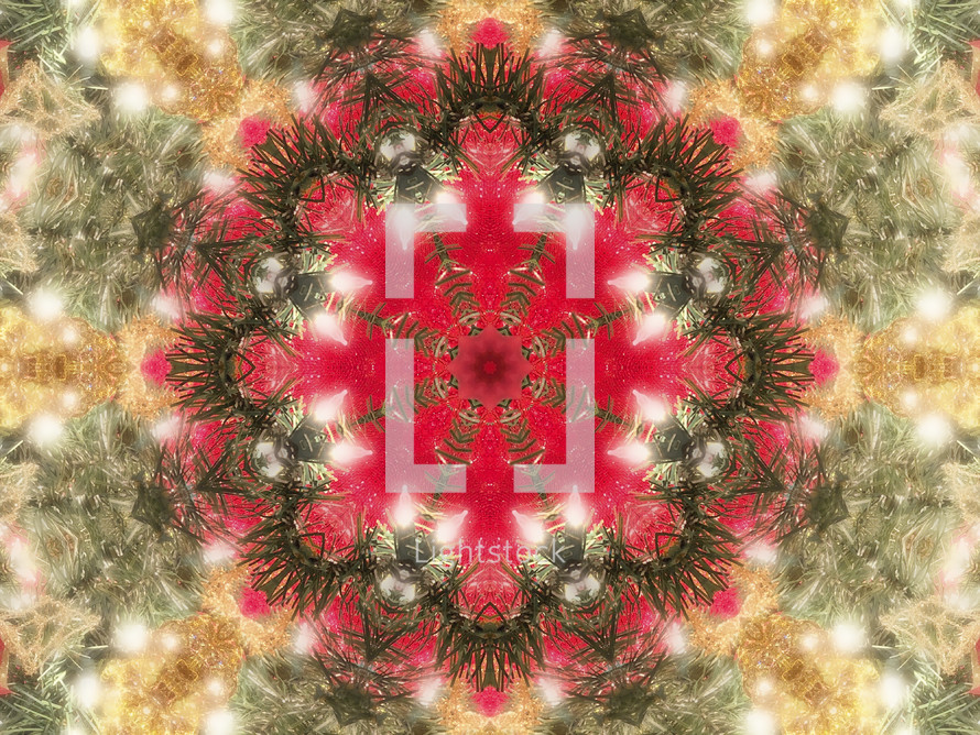 kaleidoscopic Christmas tree glow in red, green, gold and white