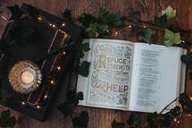 Open bible with fairy lights 